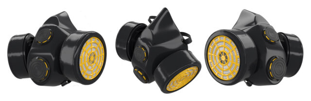 Set of respirators isolated on white. Protective clothing for industrial purpose Set of respirators isolated on white. Protective clothing for industrial purpose